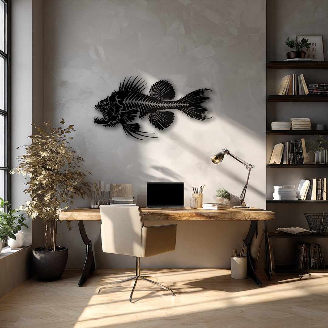 Strong afternoon light casts dramatic shadows across the predator fish skeleton metal art for wall, highlighting its intricate design against a textured pale wall.
