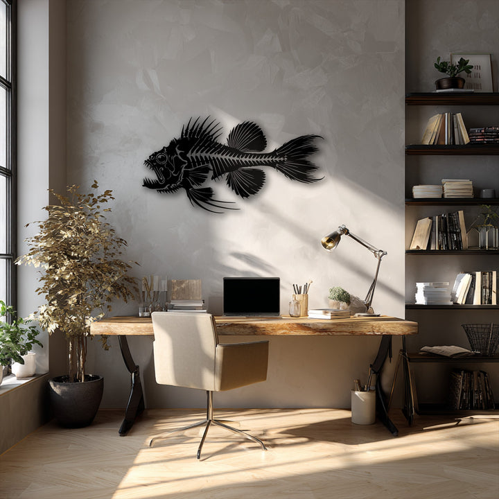 Strong afternoon light casts dramatic shadows across the predator fish skeleton metal art for wall, highlighting its intricate design against a textured pale wall.