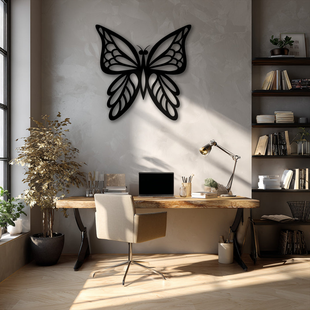 The tranquil mood of a sunlit home office is beautifully enhanced by elegant butterfly silhouette metal art for wall, fostering a serene atmosphere.