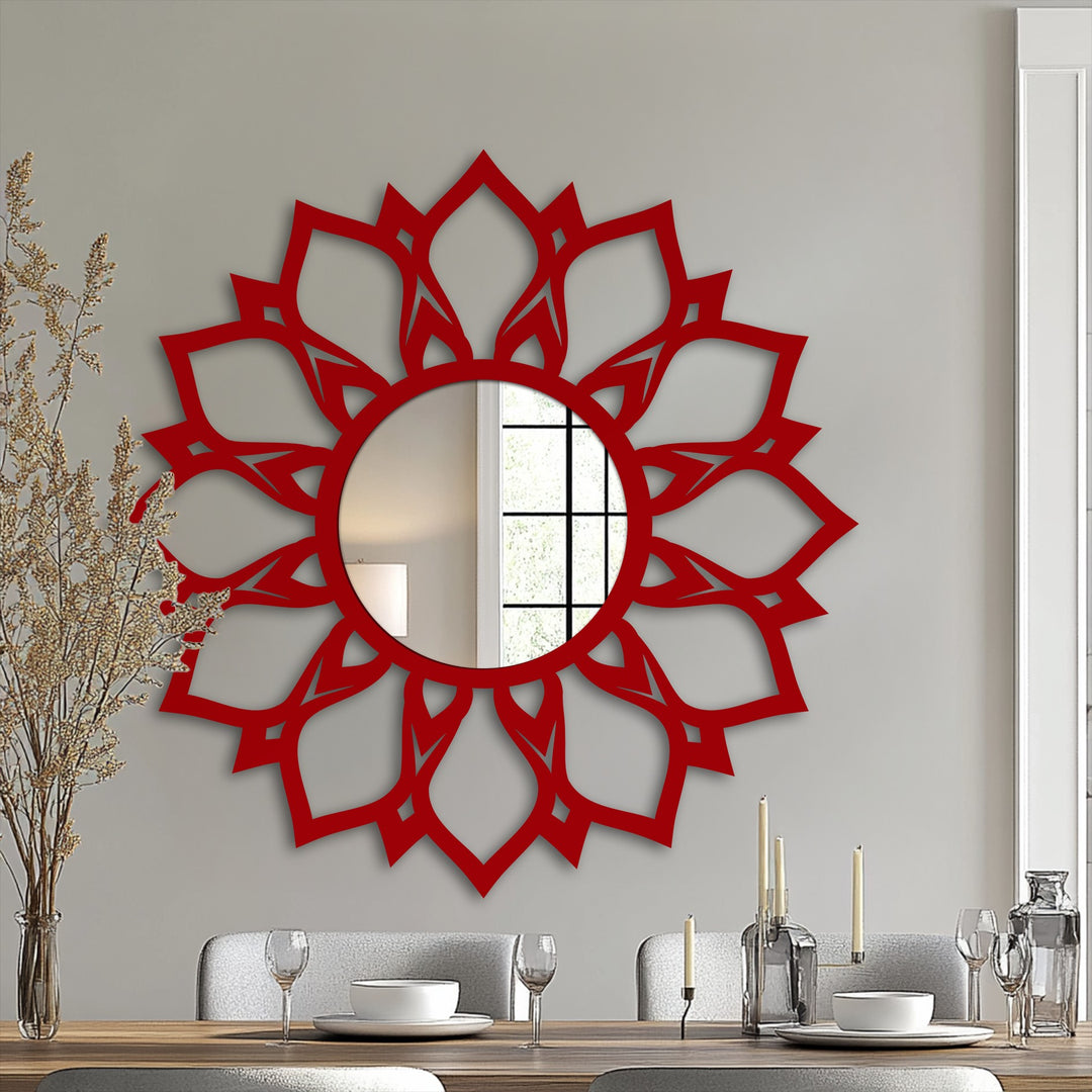 Reflecting the light is a contemporary lotus pattern mirror for wall decor, framed with intricate red petal-like metal artwork, becoming a striking focal point in home decor.
