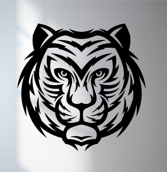 Detailed surface texture highlights the bold, laser-cut design of this geometric tiger metal artwork, creating a striking visual impact.