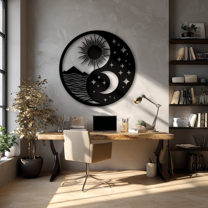 Oriented as a circular unique metal wall art piece, the Yin Yang design intricately shapes celestial sun, moon, and landscape elements.