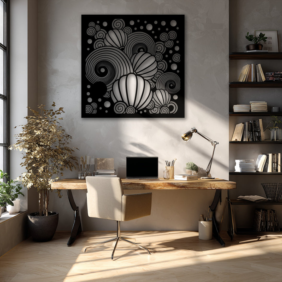 The brightest area illuminates the abstract decoration wall art, showcasing its unique balloon shapes and modern spiral decor.