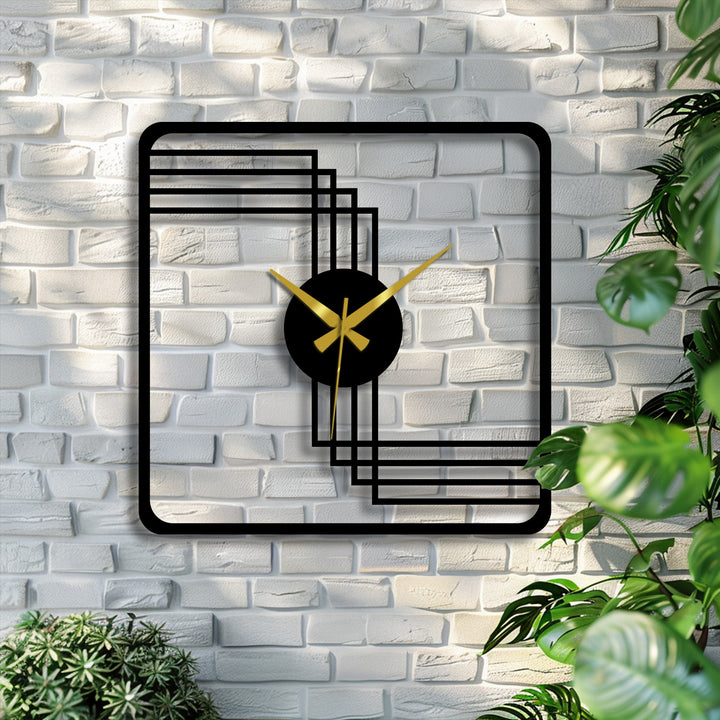 With cool color temperature, this modern square frame geometric metal art for wall clock features black steel and gold hands against a textured white brick backdrop.