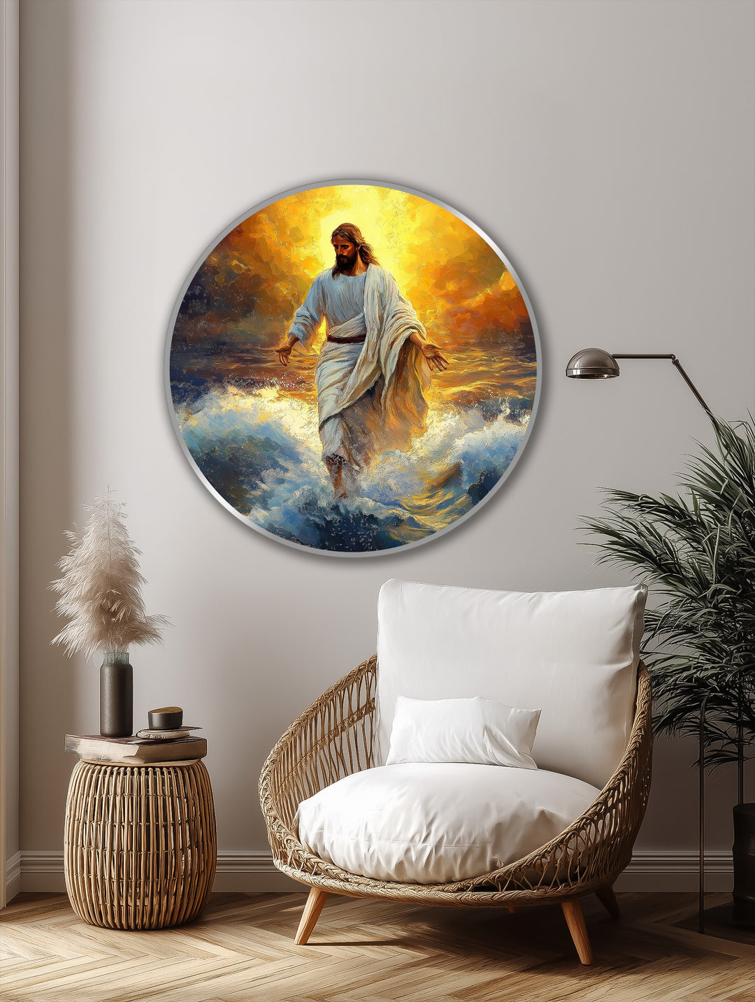 Textured surface texture highlights brushstrokes on the 'Divine Light Over the Waves' oil painting decoration, showcasing the majestic golden sky.