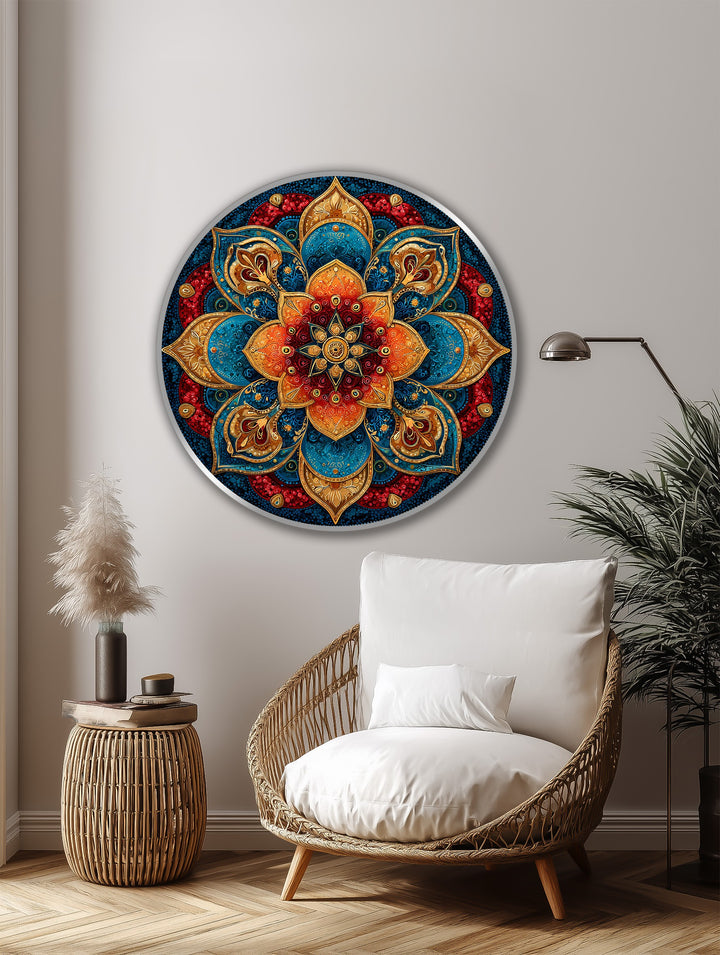 Visual rhythm flows in this ornamental round oil painting on wood, with a jewel-tone mandala design creating a captivating pattern in this vibrant oil painting art prints.