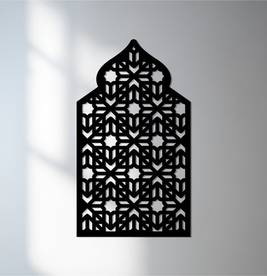 Black is the dominant color in this unique metal wall art, showcasing an Islamic geometric star arch design with intricate patterns.