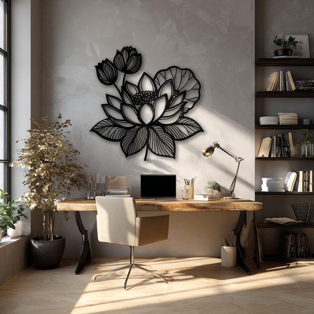 The realistic detail of the intricate black lotus floral metal wall decor piece enhances the home office ambiance.