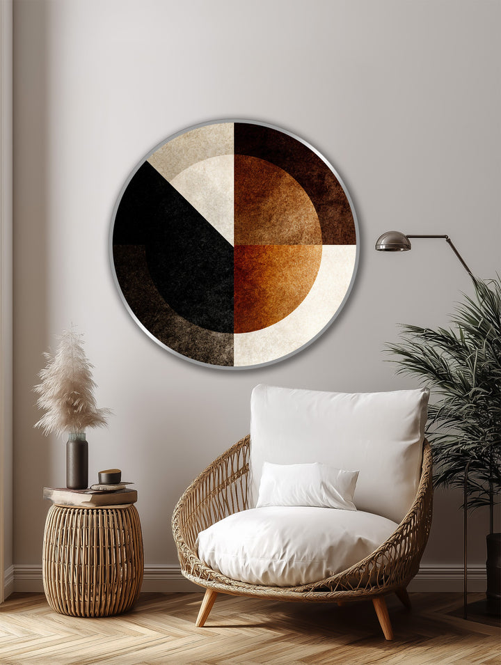 Stillness emanates from the geometric harmony of this round oil painting wall art, an abstract circle composition in quiet earth tones displayed indoors.