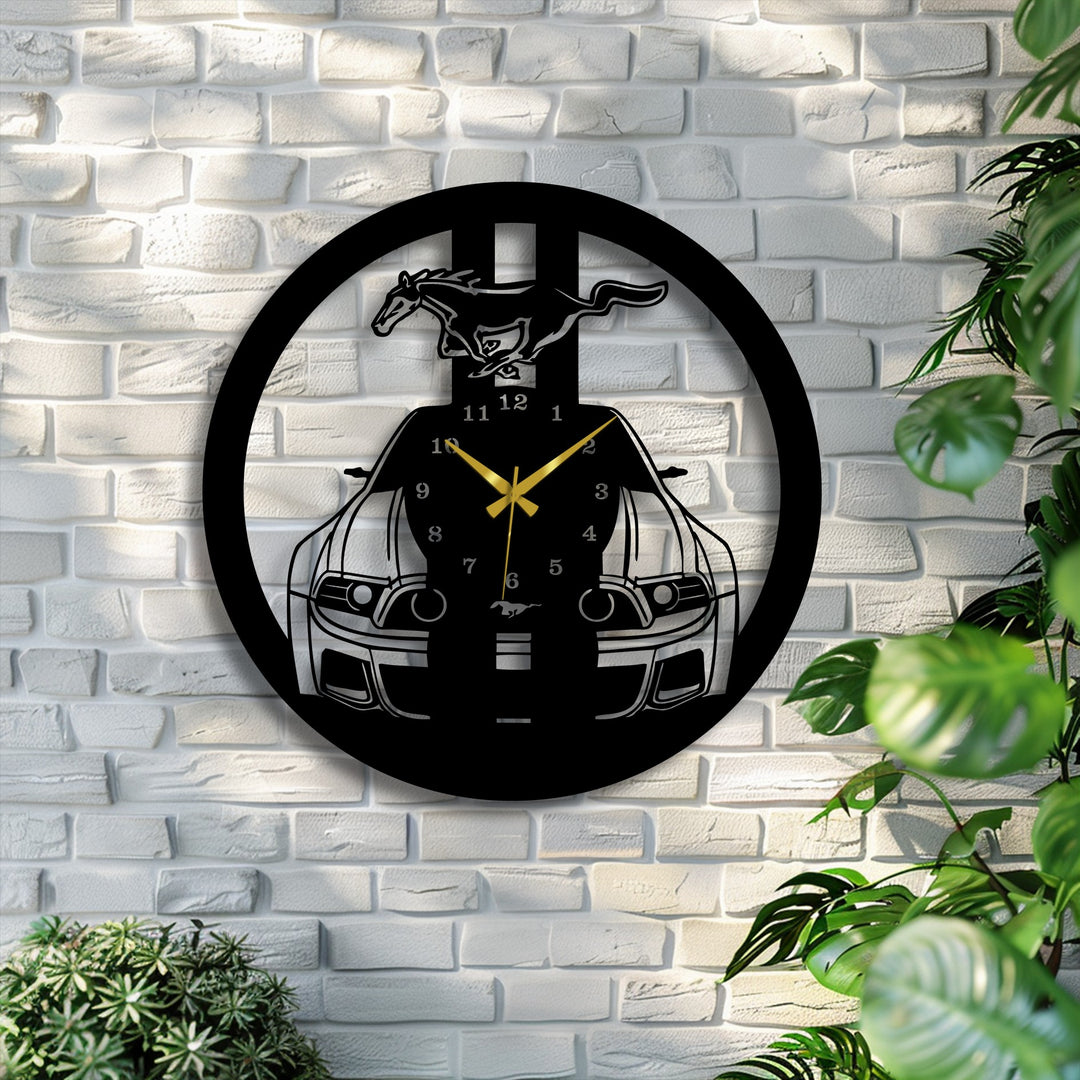 Circular wild mustang wall clock features linear elements forming a muscle car and horse design, showcasing unique modern wall decor with a geometric aesthetic.