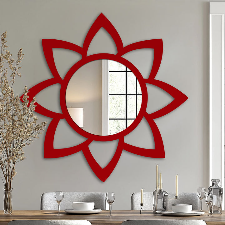 Rich color saturation defines this framed wall mirror, showcasing a decorative petal design for impactful home decor.