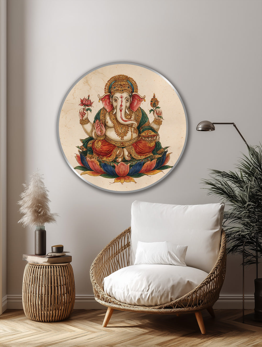 Dominating the lower right, the shaded corner frames a sacred Ganesha Lotus round traditional oil painting, highlighting the richness of the oil painting art prints.