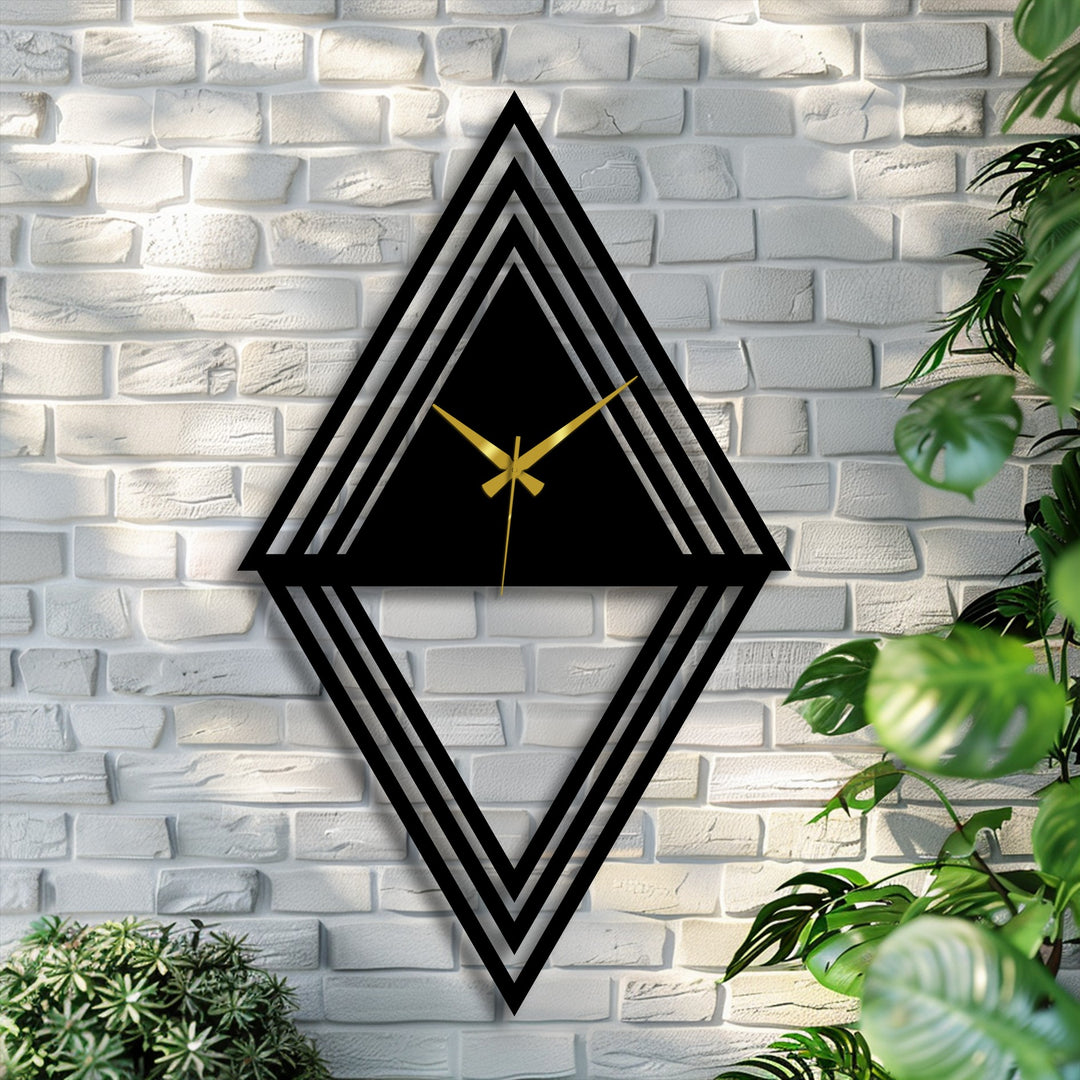 Exploring the abstract quality of this layered diamond geometric wall clock, which presents a unique form of decorative metal art in a modern design.