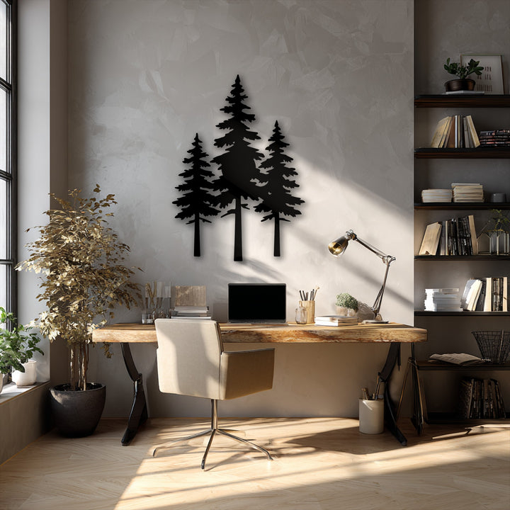 The textured, light gray wall serves as a subtle backdrop for the striking pine forest silhouette metal wall decor.
