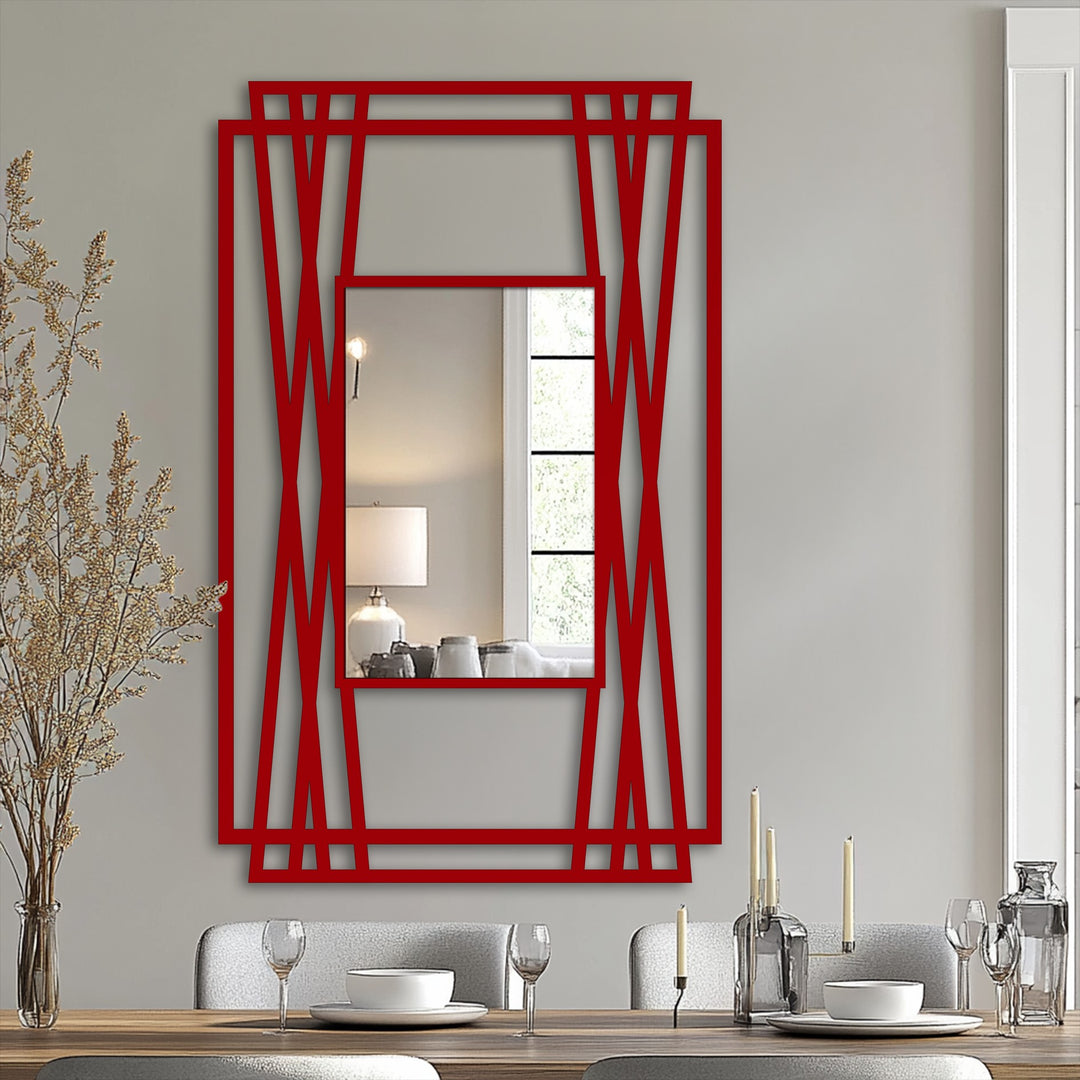 Bold red edges create a geometric design around this modern decorative mirror, adding an artistic border to the sleek reflection.
