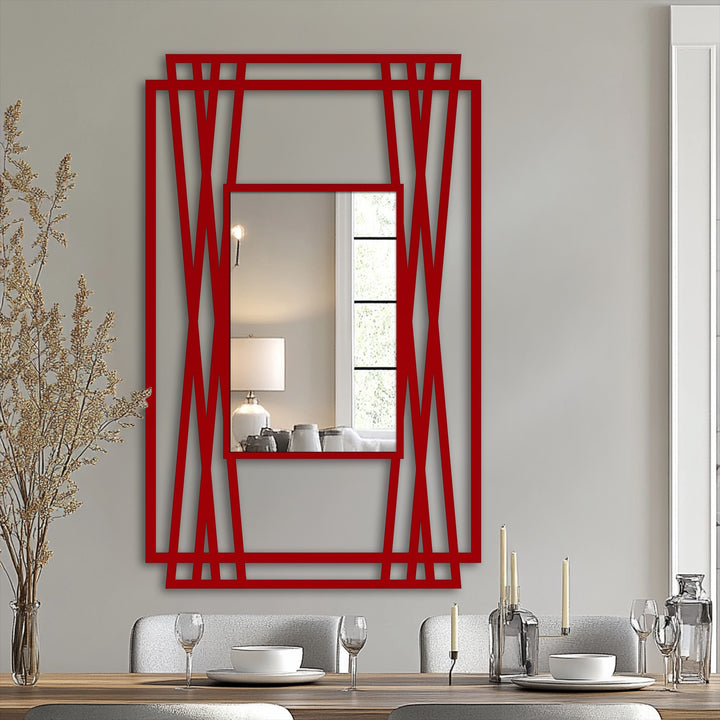 Bold red edges create a geometric design around this modern decorative mirror, adding an artistic border to the sleek reflection.