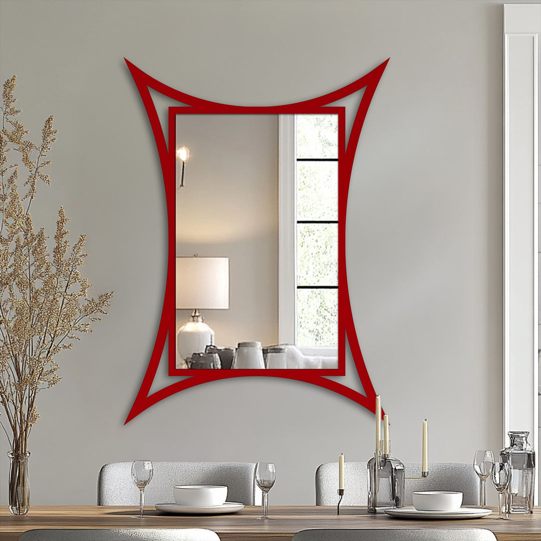 Brightest area in the modern curved edge frame metal wall mirror reflects a nearby window, enhancing its decorative metal art appeal as a sculptural statement piece.