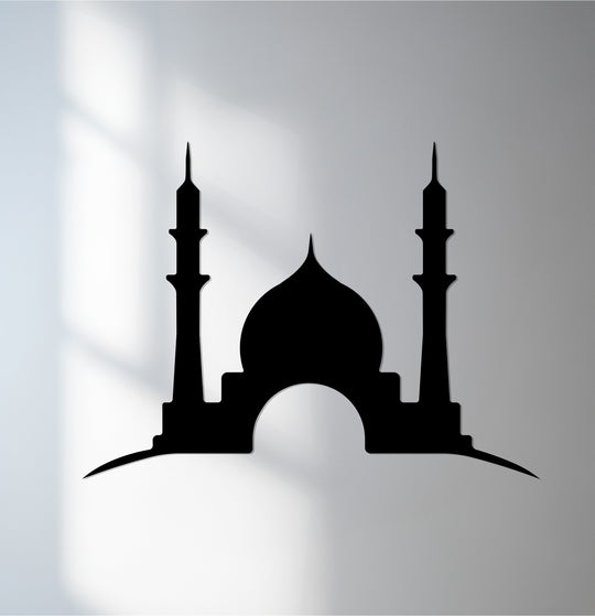 The focal point features a mosque silhouette in decorative metal art, showing a twin minaret design that makes it a striking piece of Islamic decor.