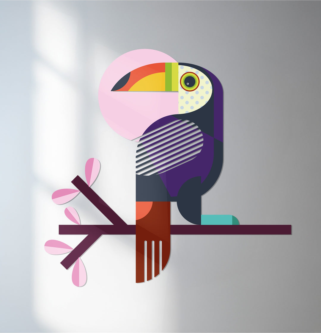 Modern toucan metal wall art in colorful geometric style