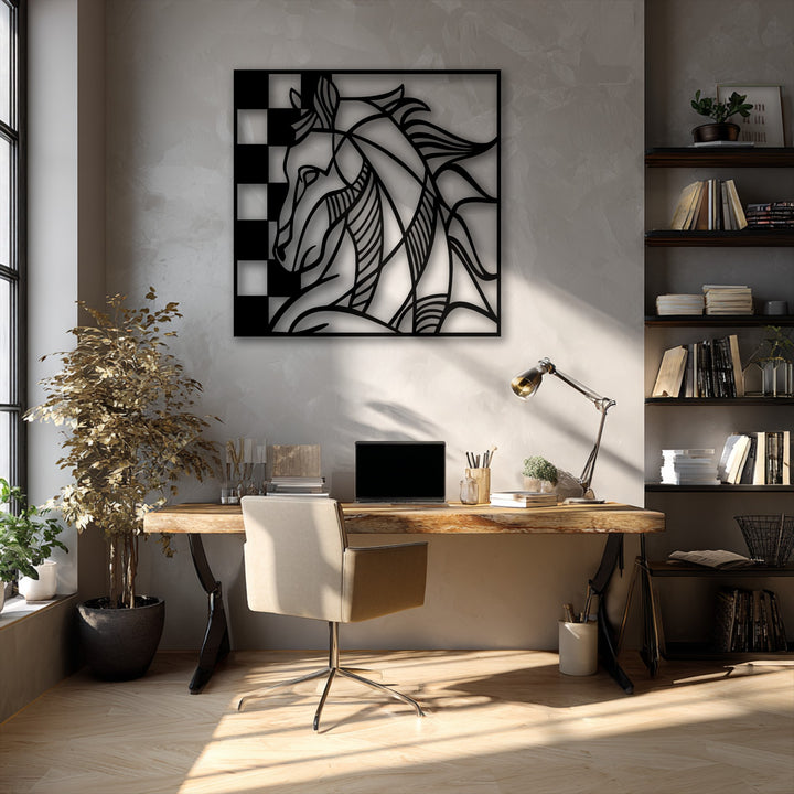 Soft sunlight illuminates the dried botanical plant and textured wall, creating a serene backdrop for the striking abstract metal artwork.
