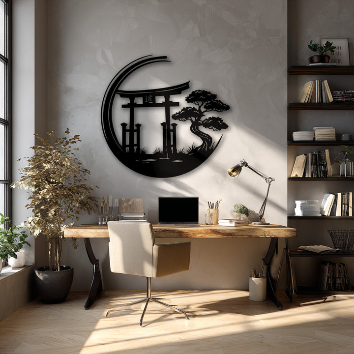 The balanced color temperature of this room highlights the striking Zen Garden Torii Gate metal wall decor with warm natural sunlight and cool shadows.