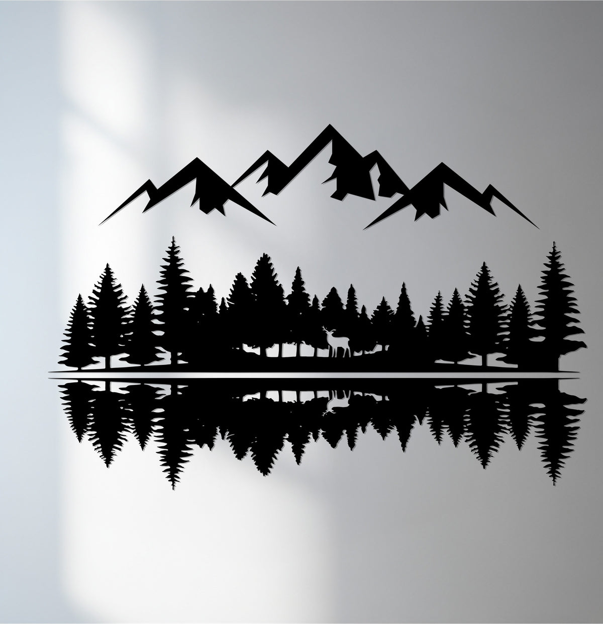 Defined by the darkest area, this rustic mountain forest metal artwork shows a nature reflection, showcasing a striking contrast in a captivating piece of metal wall art.