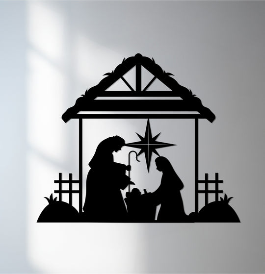 The light-to-dark color transition enhances the Star of Bethlehem in this decorative metal art depicting the Holy Family Nativity scene.