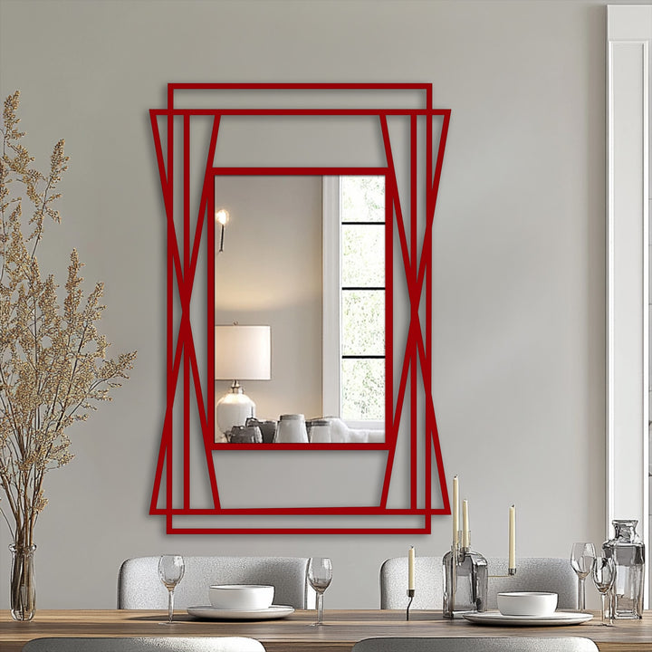 The reflective stained glass wall mirror emanates a calm, modern mood with its layered, angular frame and symmetrical metal geometry.