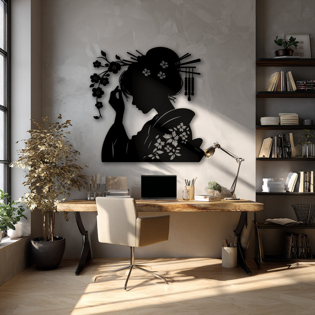 Bright sunlight illuminates the wooden floor and the wall adorned with elegant Geisha oriental silhouette unique metal wall art.