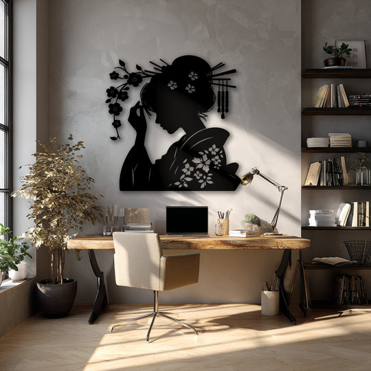Bright sunlight illuminates the wooden floor and the wall adorned with elegant Geisha oriental silhouette unique metal wall art.