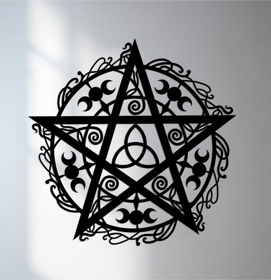 Dramatic color saturation defines this black, pentagram moon phases, mystical unique metal wall art, making it a captivating focal point.