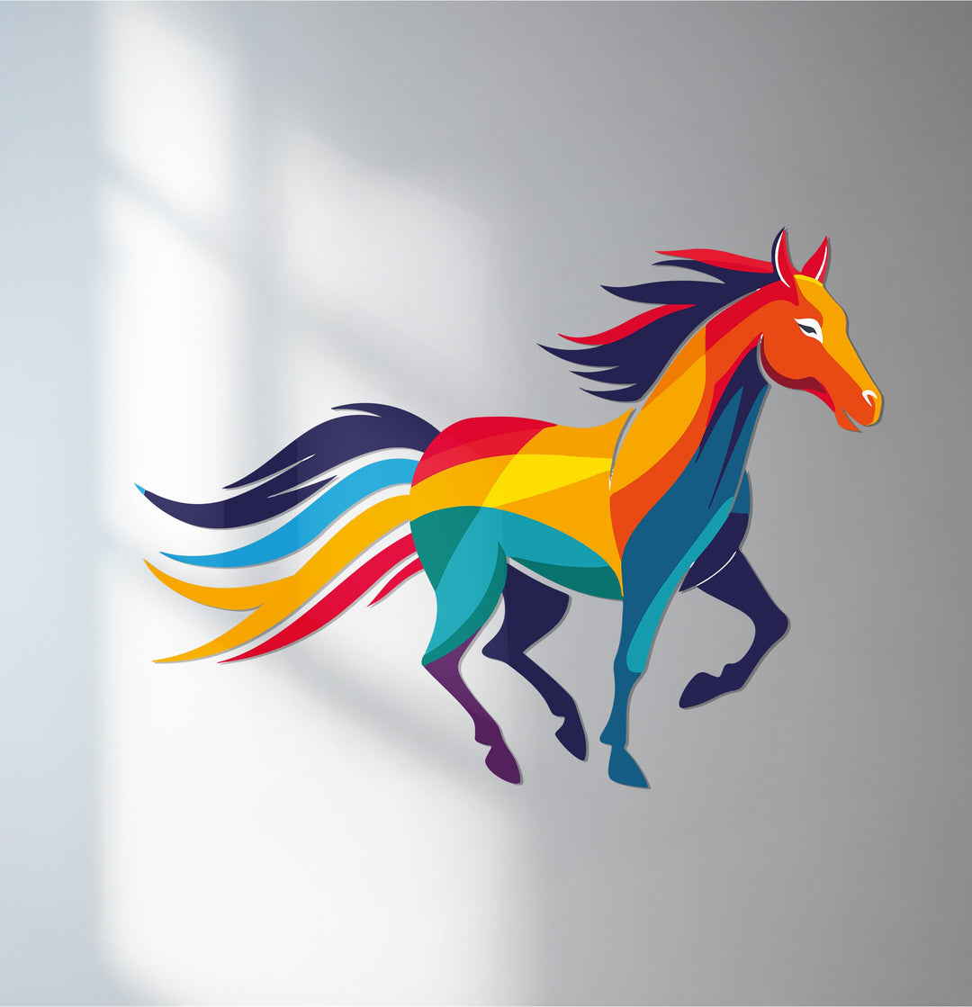 Colorful horse metal wall art with abstract modern rainbow design