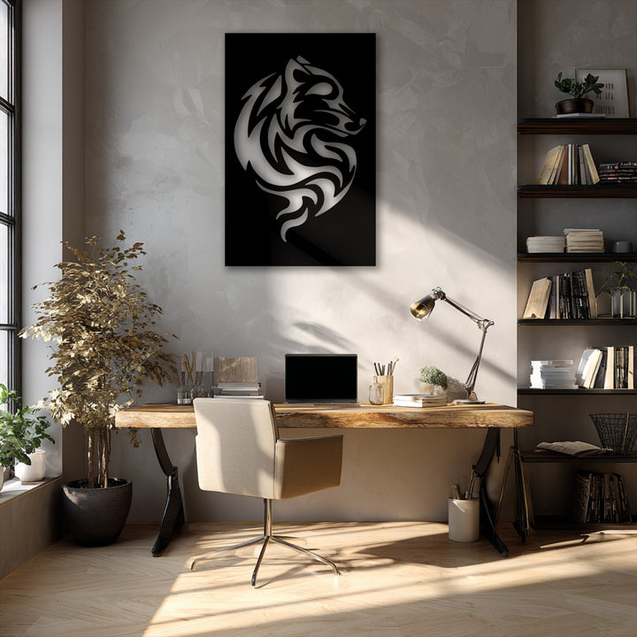 The deep black backdrop of the tribal wolf metal artwork powerfully frames the silhouetted swirling abstract animal design on the wall.