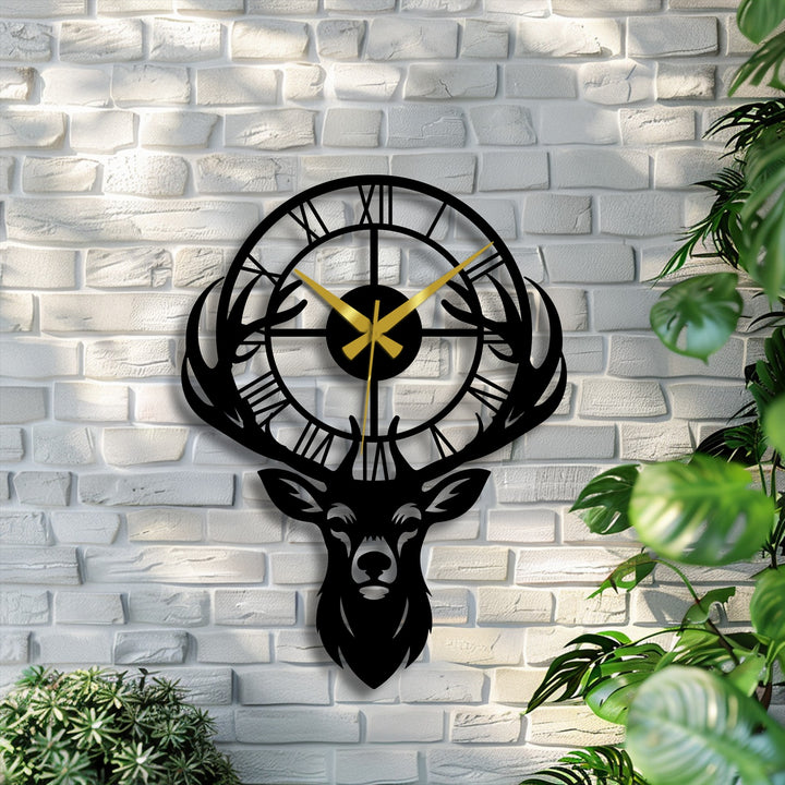 Illuminated against a white brick wall, the decoration wall art features a rustic deer antler metal wall clock with Roman numerals, creating a stylish timepiece.