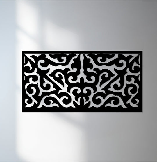 Defined by a sharp transition between colors, this majestic harmony ornamental decorative metal art panel features a flowing scroll design.