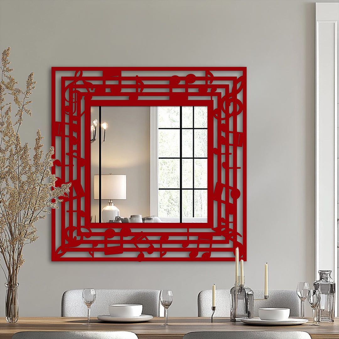 Geometric shapes compose the rhythmic design of this musical notes metal wall decor mirror, framing a unique reflective piece.