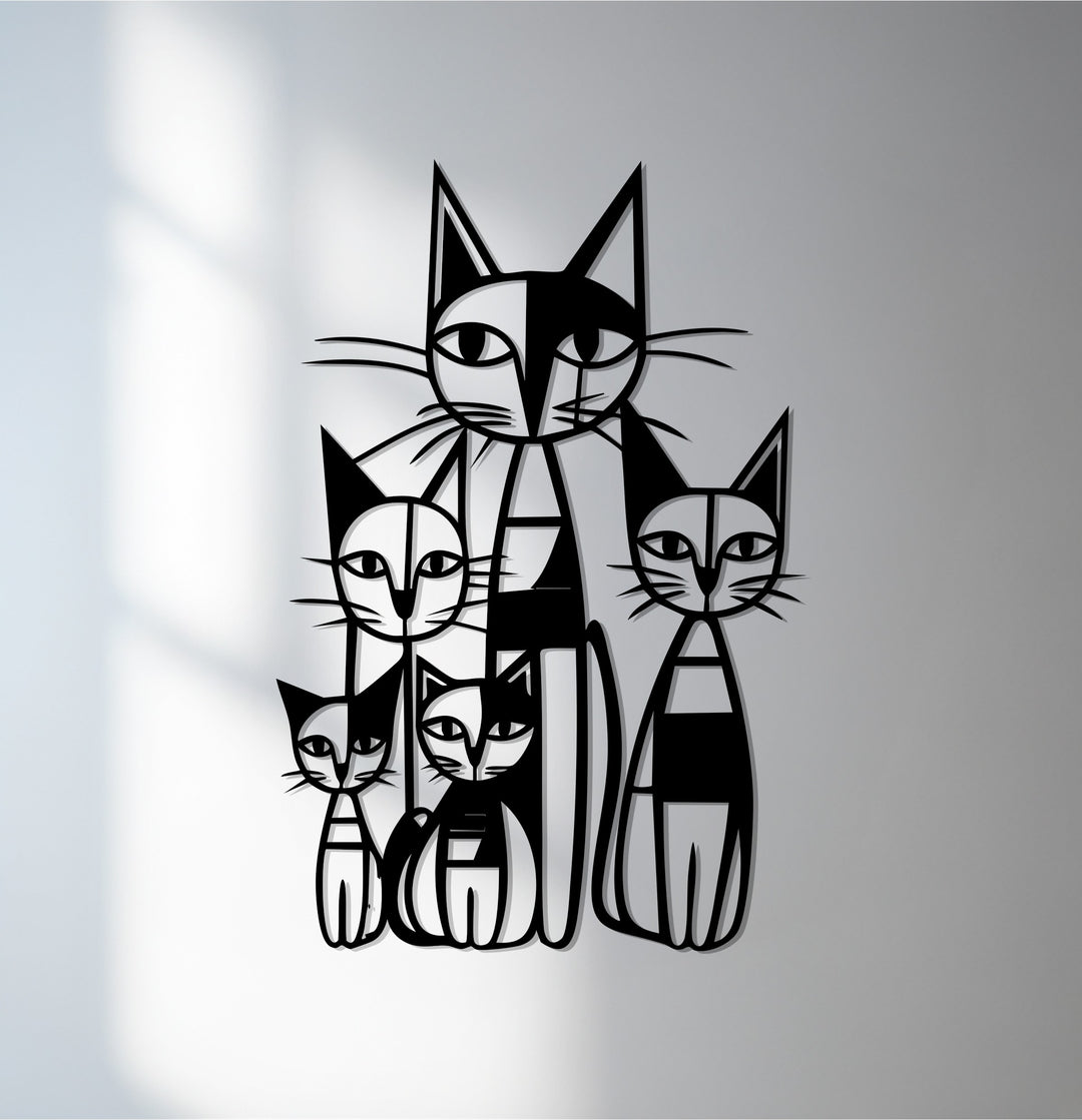 Geometric cat family metal wall art