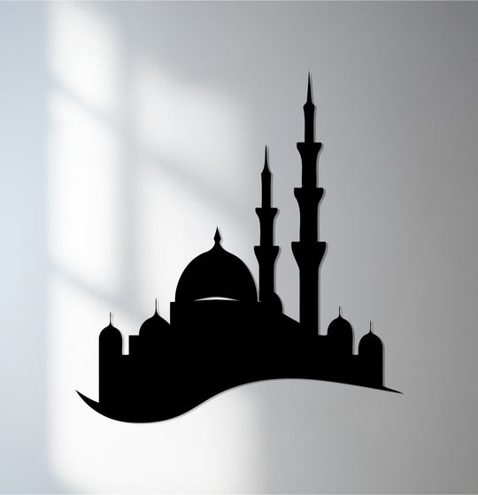 Black is the dominant color in this minimalist mosque silhouette metal art for wall, showcasing a sacred skyline with domes and minarets.