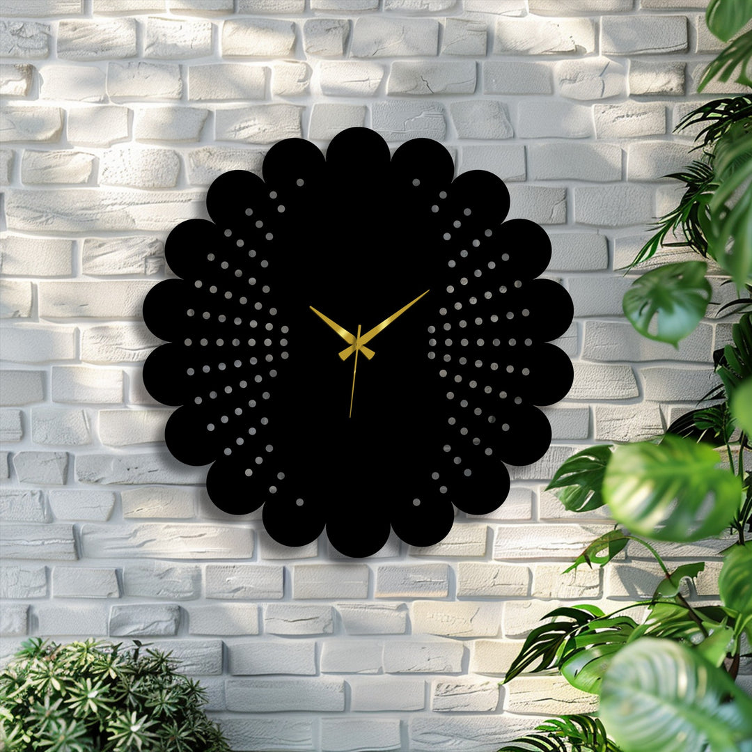 Displaying organic forms, the scalloped metal wall clock uses a modern dot pattern to create elegant decorative metal art on a brick wall.