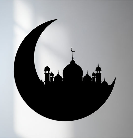 Majestic decorative metal art portrays the central subject, a silhouetted mosque nestled within a crescent moon in this piece of Crescent Sanctuary wall art.