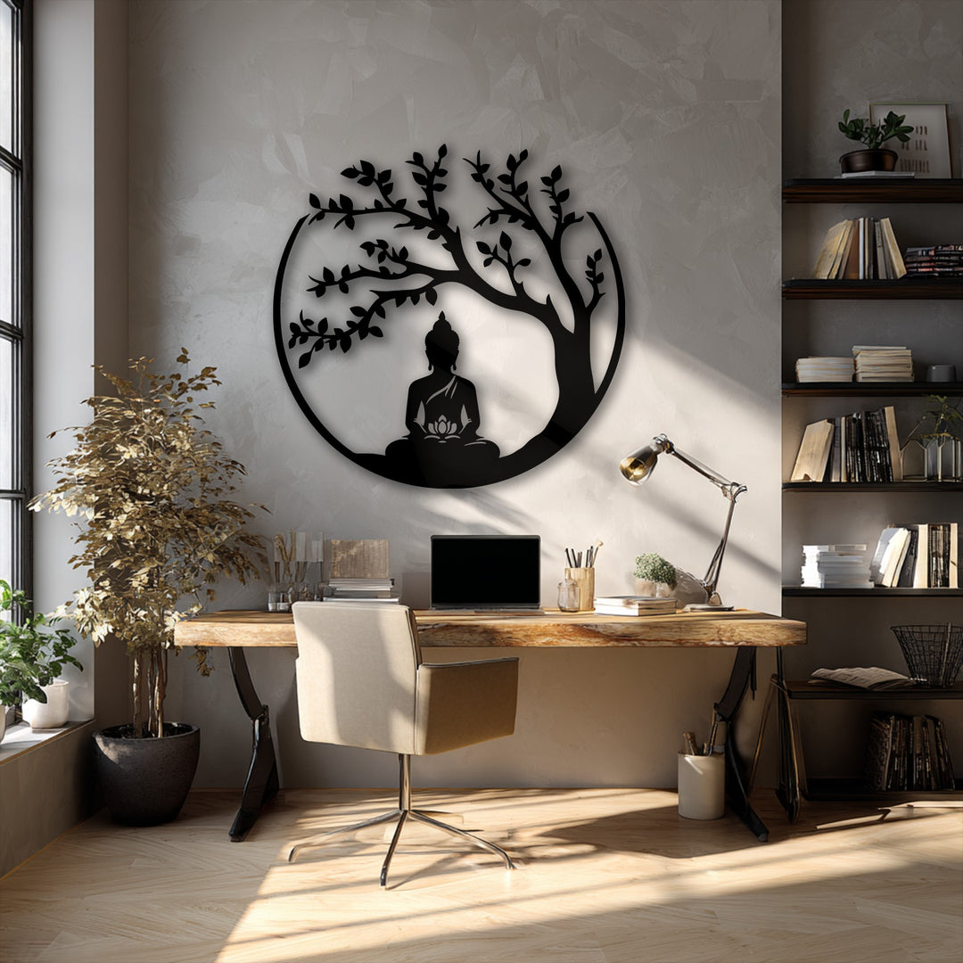 Light wood flooring, a modern beige office chair, and a rustic wooden desk in the foreground enhance the serene Buddha metal wall decor.