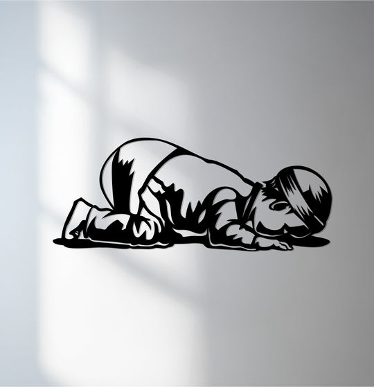 Focusing on the metal art’s subject, the innocent child in prostration becomes the focal point of this unique metal wall art prayer depiction.