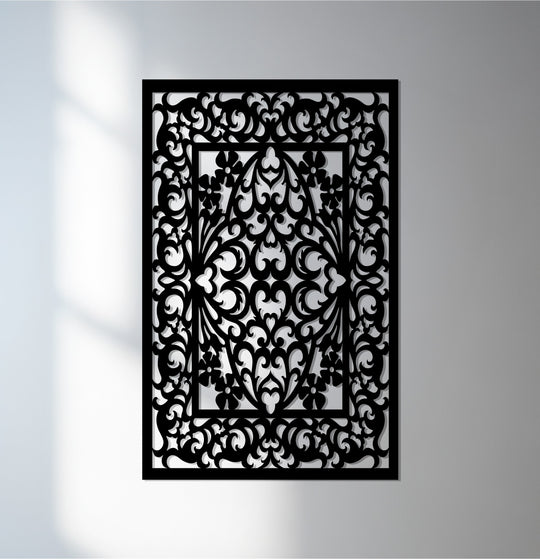 Highlighting the loudest element, this ornate metal wall art panel showcases a symmetry of floral motifs that create a striking example of unique metal wall art.