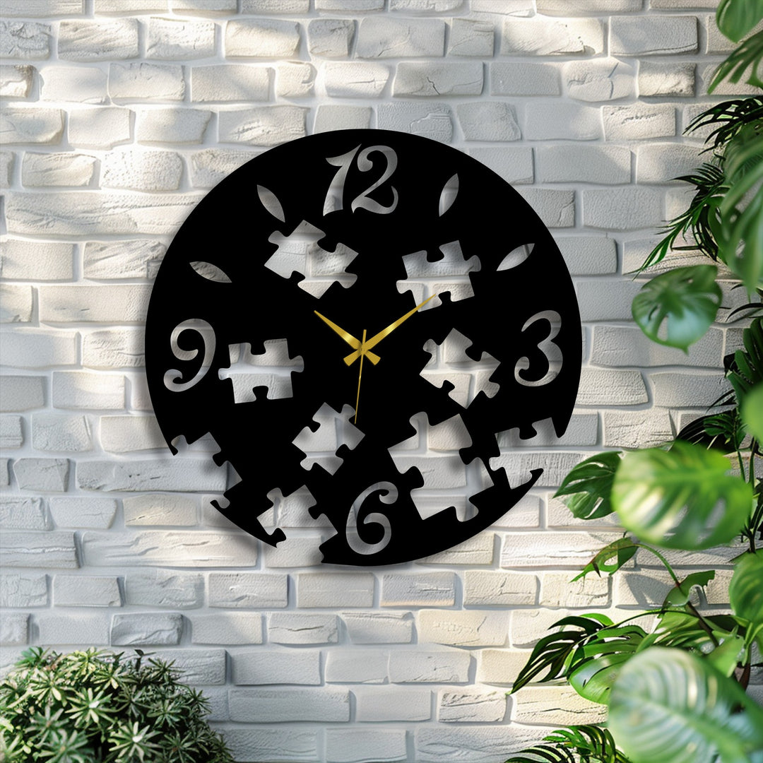 Branches of verdant plants curve beside the unique metal wall art puzzle clock, its fractured silhouette resembling free-form leaves against the brick.
