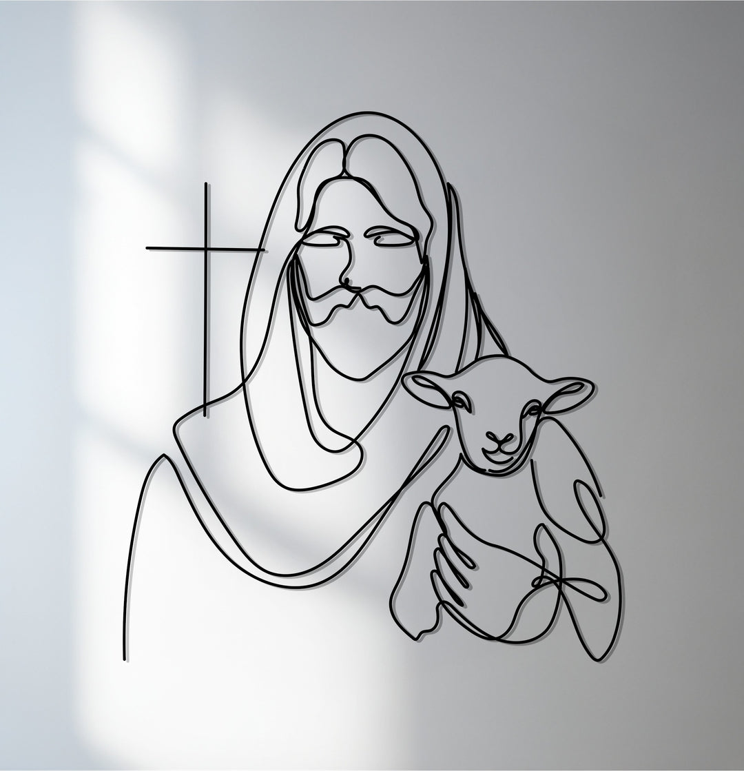 Minimalist Jesus with lamb metal wall art
