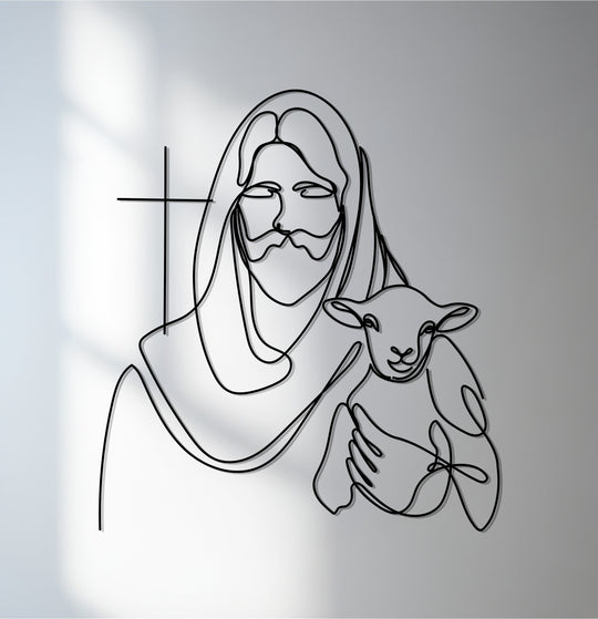 Highlighting the transition between colors and the metal art for wall, a minimalist Jesus and Lamb design uses stark contrasts to create depth.