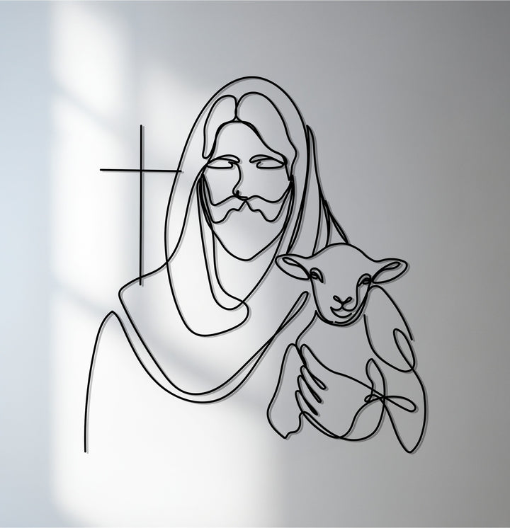 Minimalist Jesus with lamb metal wall art