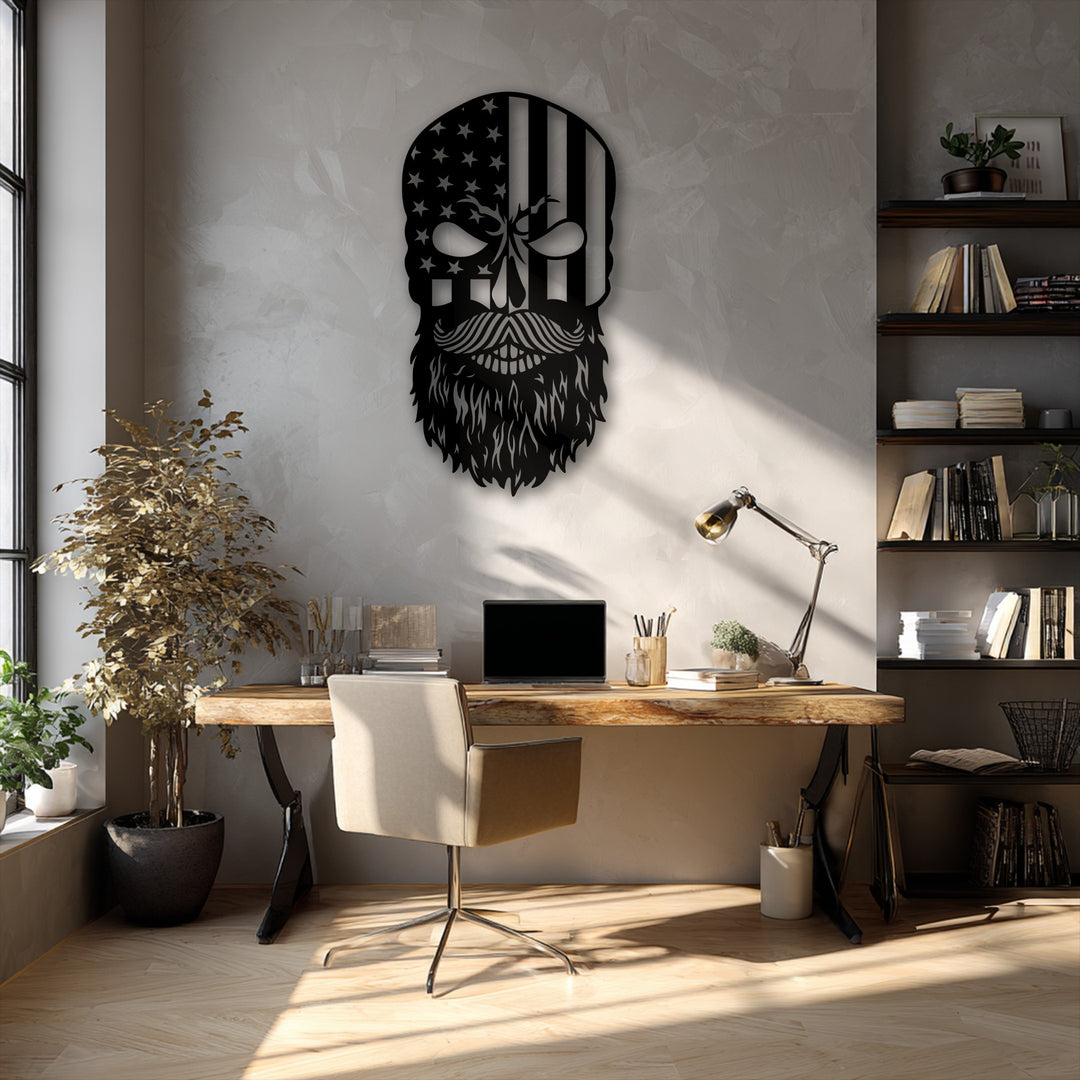 Exceptional material quality is evident in this sleek, laser-cut decorative metal art of a bearded Patriot Skull.
