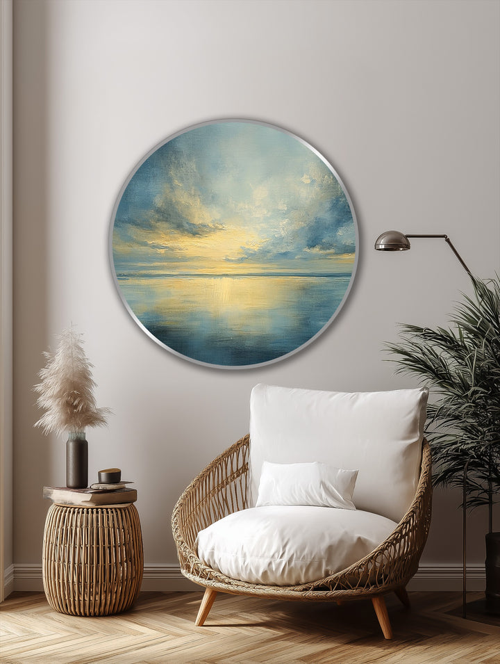 Illuminated by the horizon, this round oil painting decoration showcases a tranquil seascape with a golden sunset reflecting on the still water.