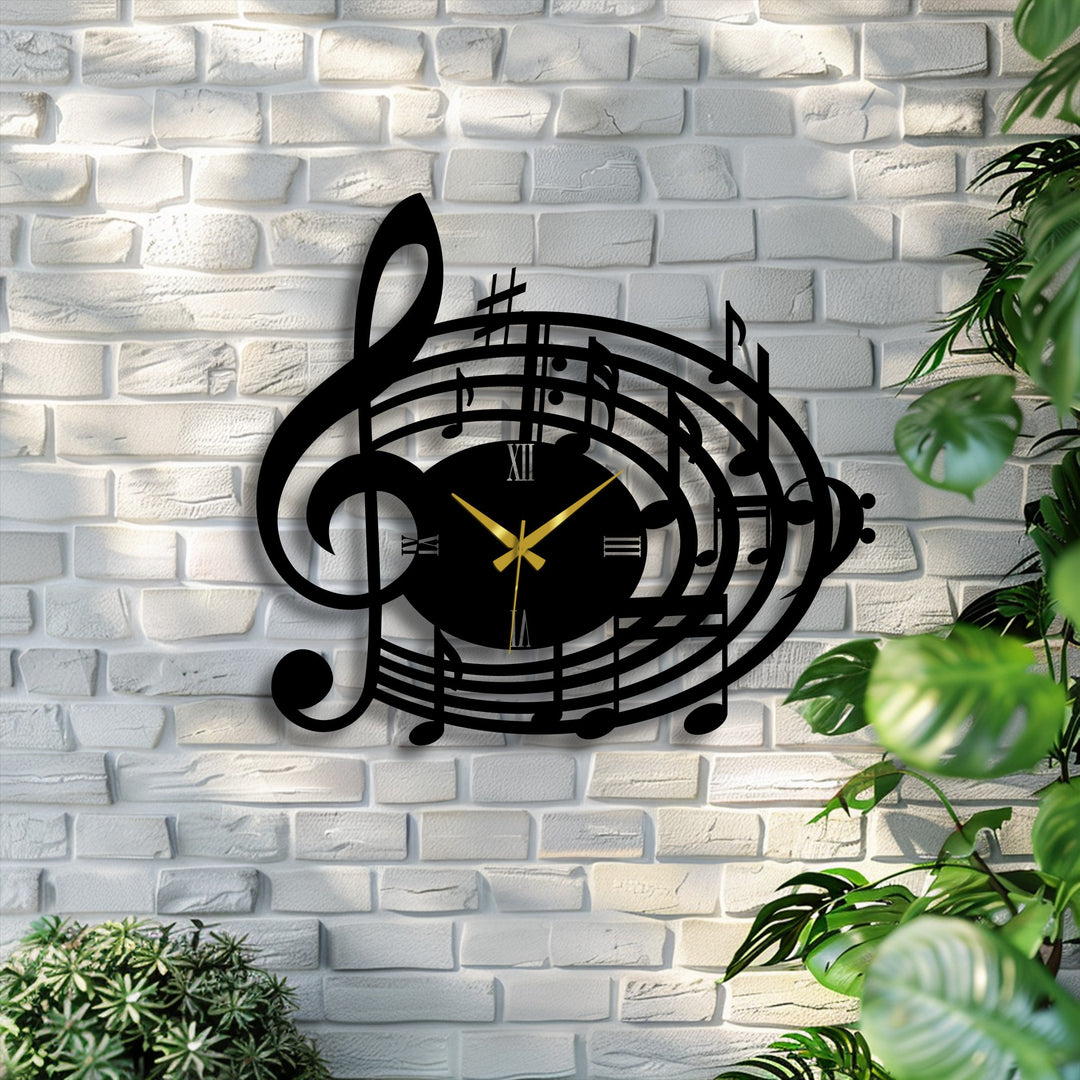 Negative space surrounds the musical notes and treble clef metal artwork of this wall clock, creating a striking contrast on the brick wall.